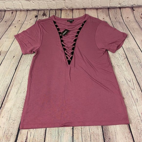 NWT Express Lace Up Front Tee Top Pink Blouse - Picture 1 of 8